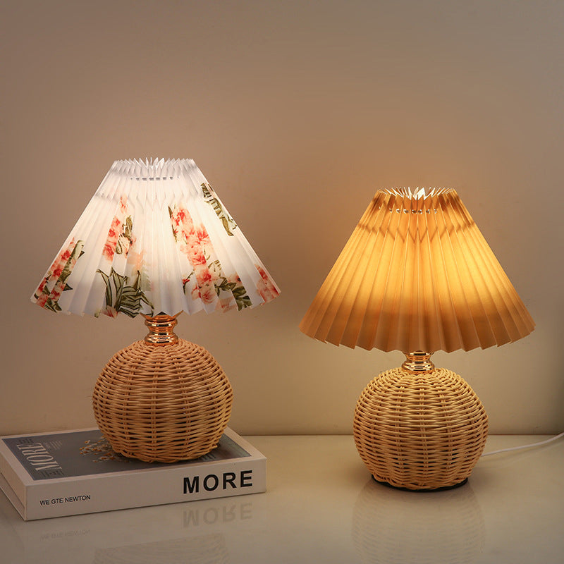 Contemporary Nordic Rattan Weave Table Lamp with Pleated Cone Shade, LED, for Bedroom