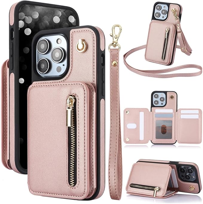 Étui portefeuille de luxe pour iPhone avec porte-cartes à fermeture éclair et bandoulière