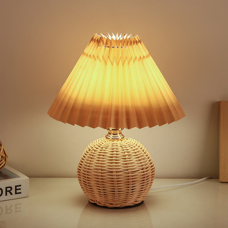 Contemporary Nordic Rattan Weave Table Lamp with Pleated Cone Shade, LED, for Bedroom