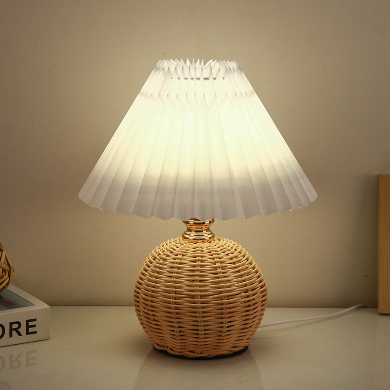 Contemporary Nordic Rattan Weave Table Lamp with Pleated Cone Shade, LED, for Bedroom