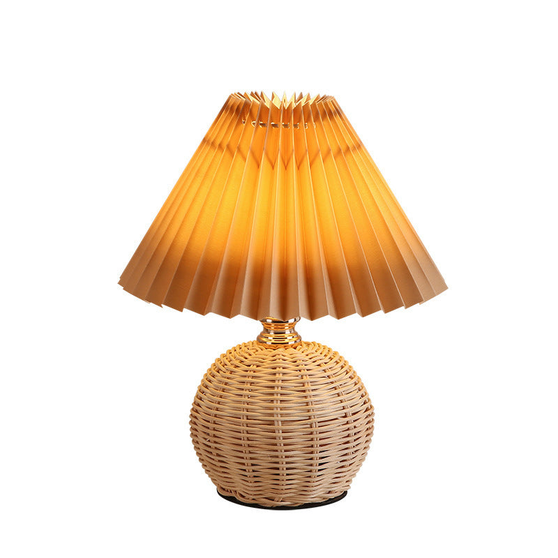 Contemporary Nordic Rattan Weave Table Lamp with Pleated Cone Shade, LED, for Bedroom