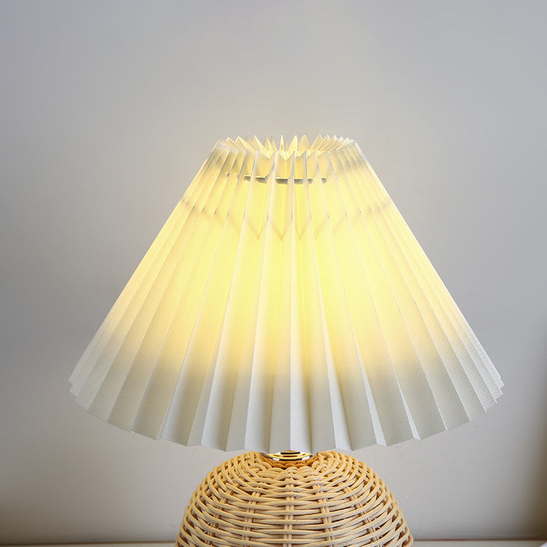 Contemporary Nordic Rattan Weave Table Lamp with Pleated Cone Shade, LED, for Bedroom