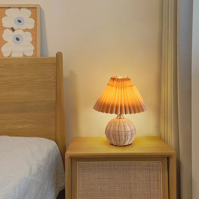 Contemporary Nordic Rattan Weave Table Lamp with Pleated Cone Shade, LED, for Bedroom