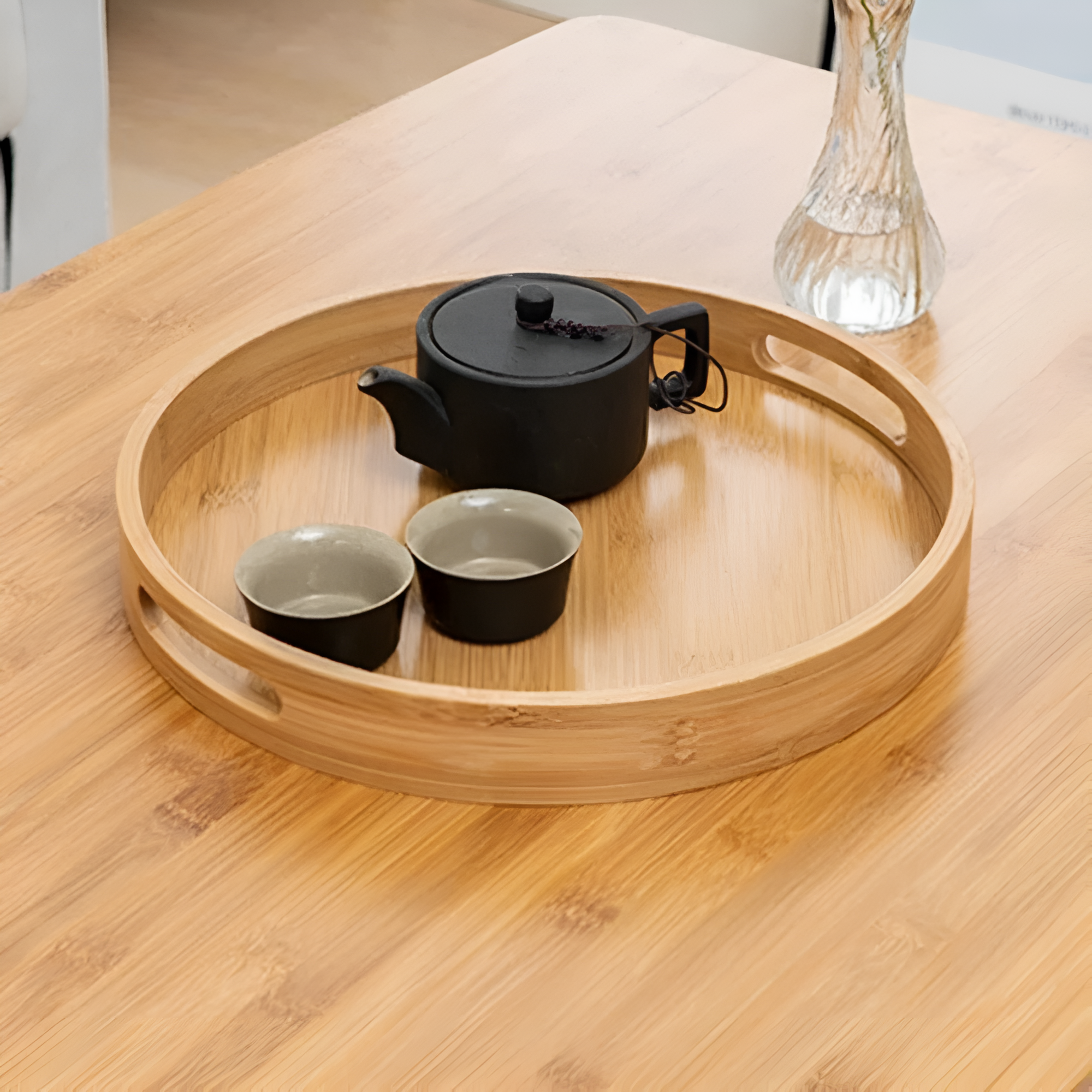 Plateau de service rond en bois de bambou