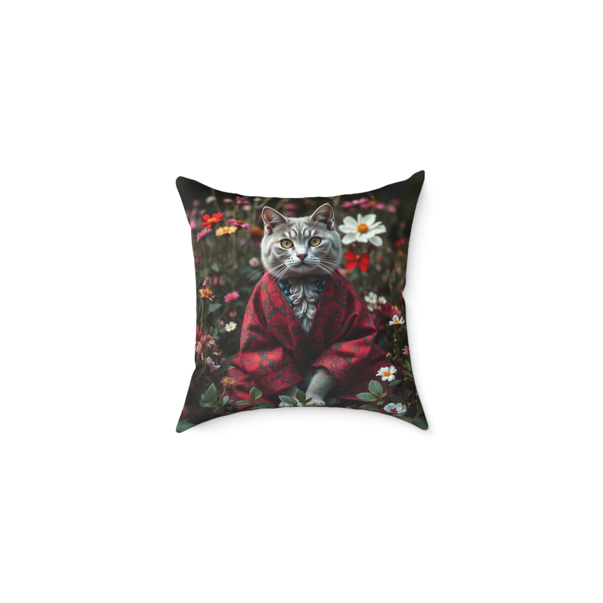 William Morris Style Cat in Kimono and Flowers Square Pillow, Botanicals and Flowers, insert included