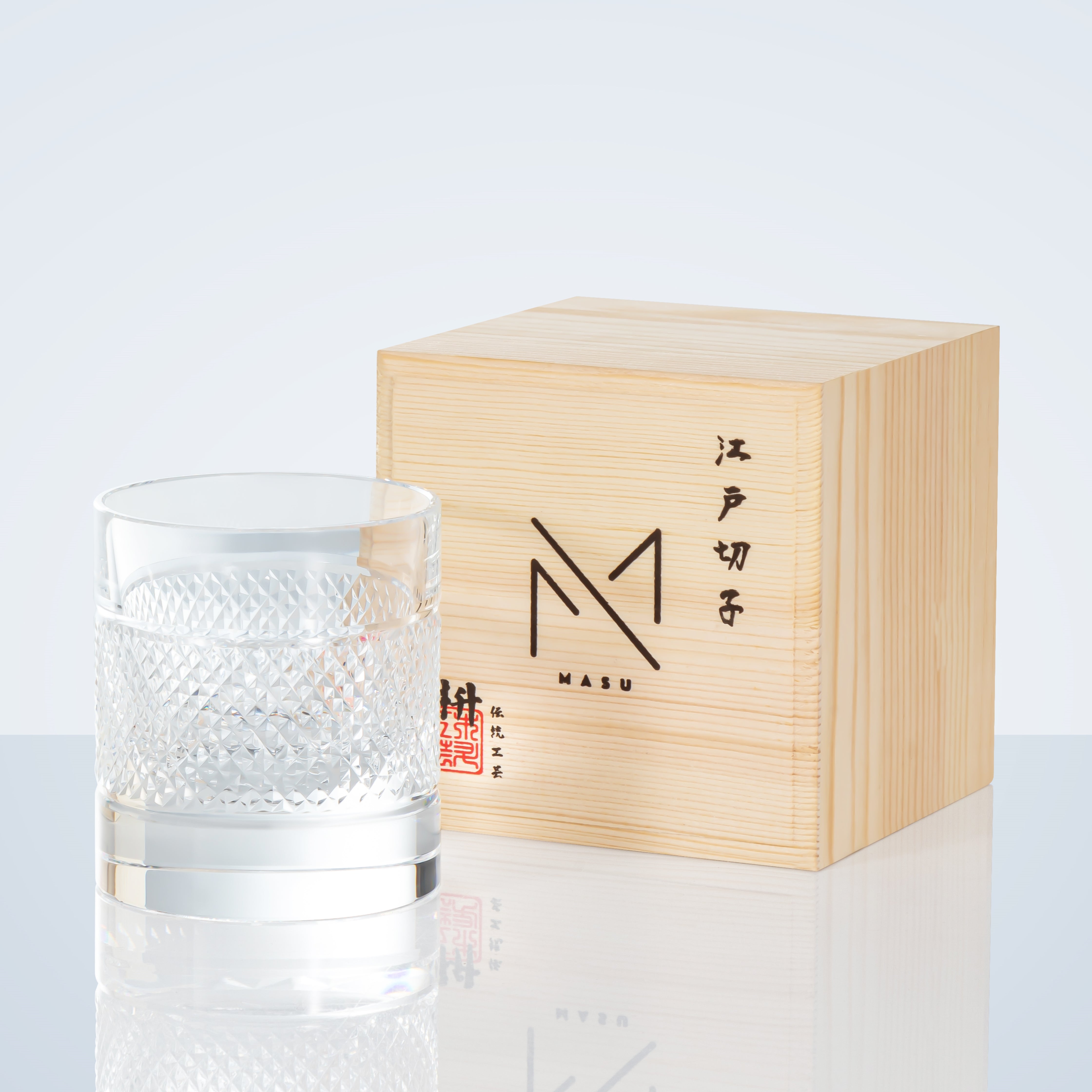 Vasos de whisky multicolores Edo Kiriko Diamond con caja de madera