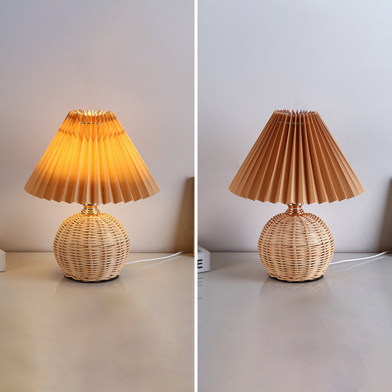 Contemporary Nordic Rattan Weave Table Lamp with Pleated Cone Shade, LED, for Bedroom