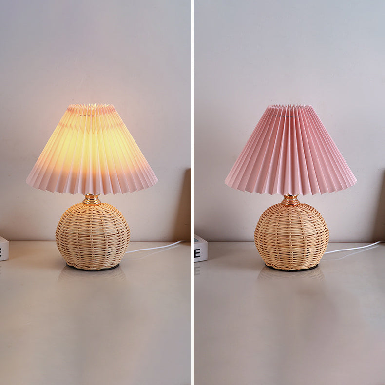 Contemporary Nordic Rattan Weave Table Lamp with Pleated Cone Shade, LED, for Bedroom