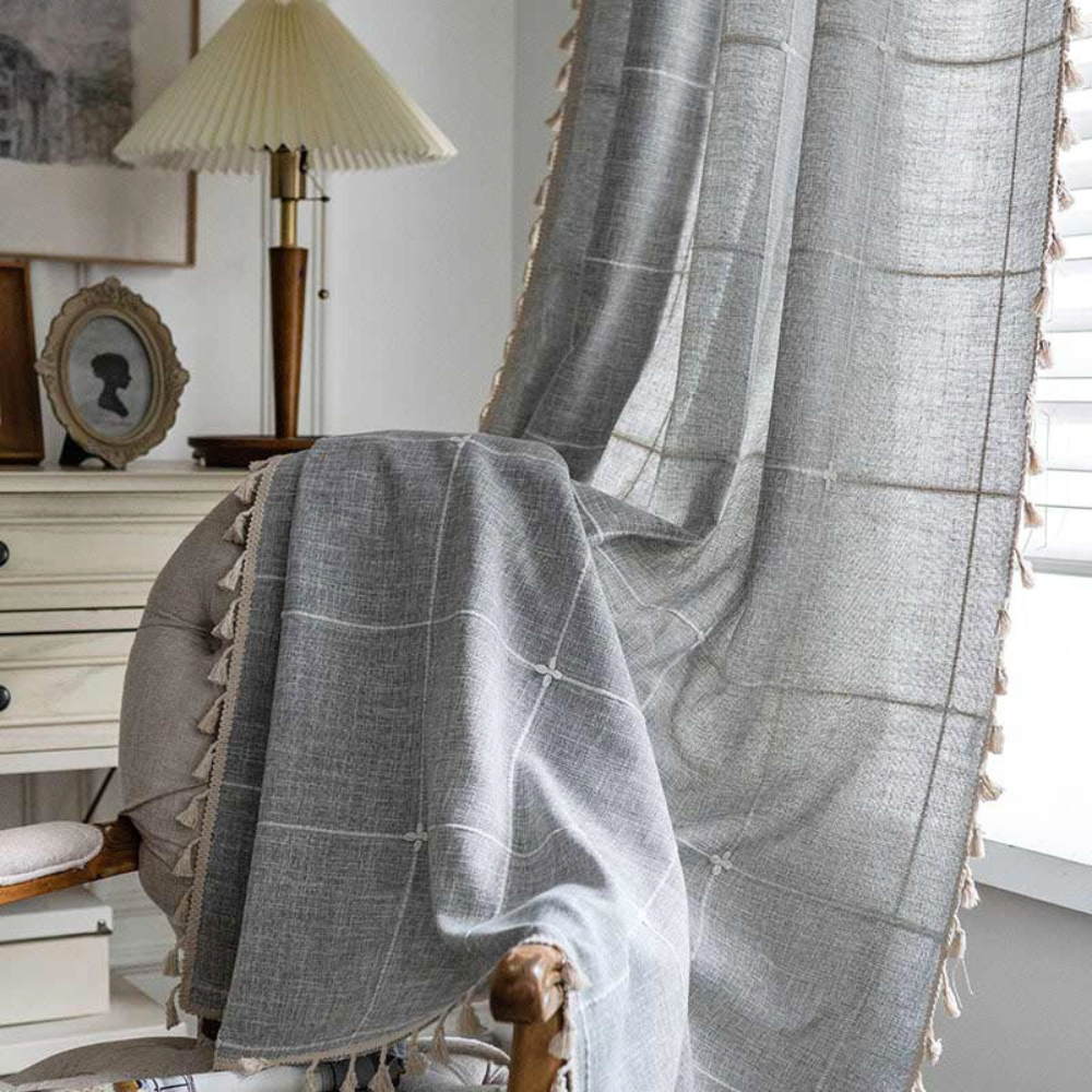 Tassel Plaid Curtain Semi Blackout Drapes