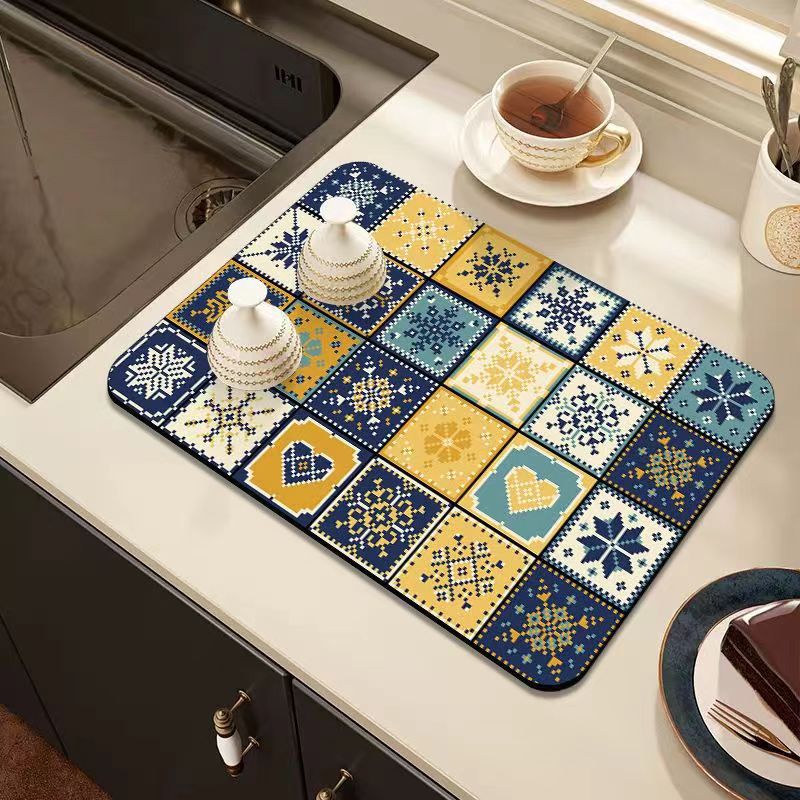 Retro Quick-Drying Water-Draining Mat for Kitchen Bar Countertops