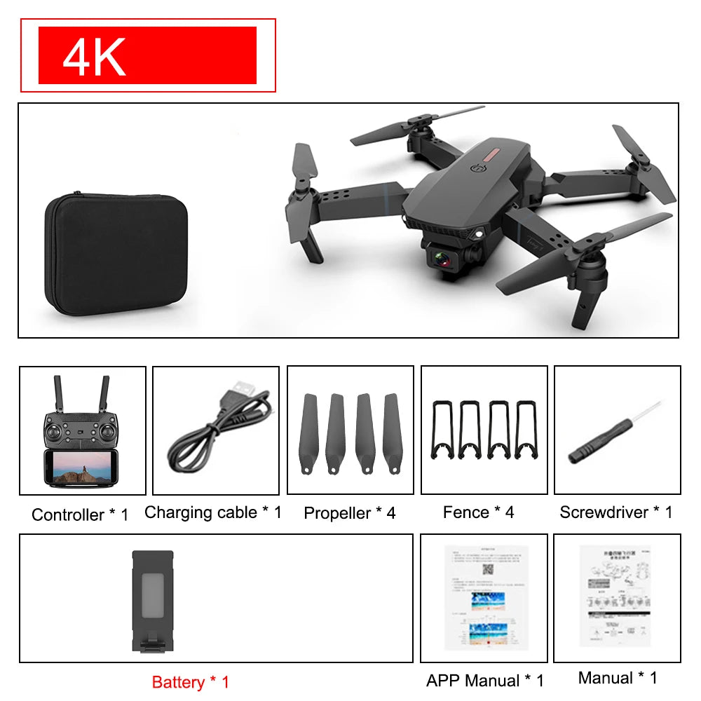 E88 Pro Foldable Quadcopter Drone - WIFI FPV, HD 4K-kamera, Altitude Hold