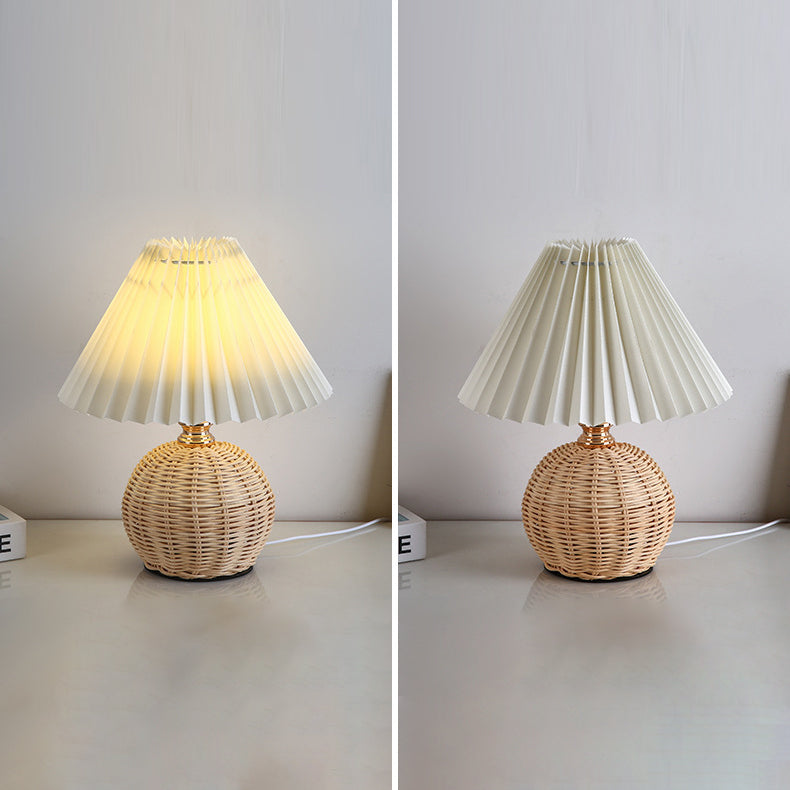 Contemporary Nordic Rattan Weave Table Lamp with Pleated Cone Shade, LED, for Bedroom