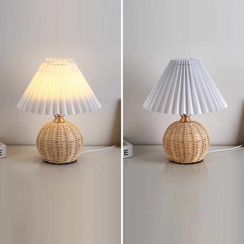 Contemporary Nordic Rattan Weave Table Lamp with Pleated Cone Shade, LED, for Bedroom