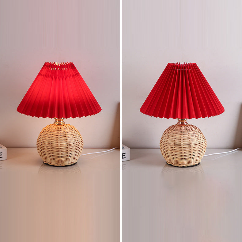 Contemporary Nordic Rattan Weave Table Lamp with Pleated Cone Shade, LED, for Bedroom