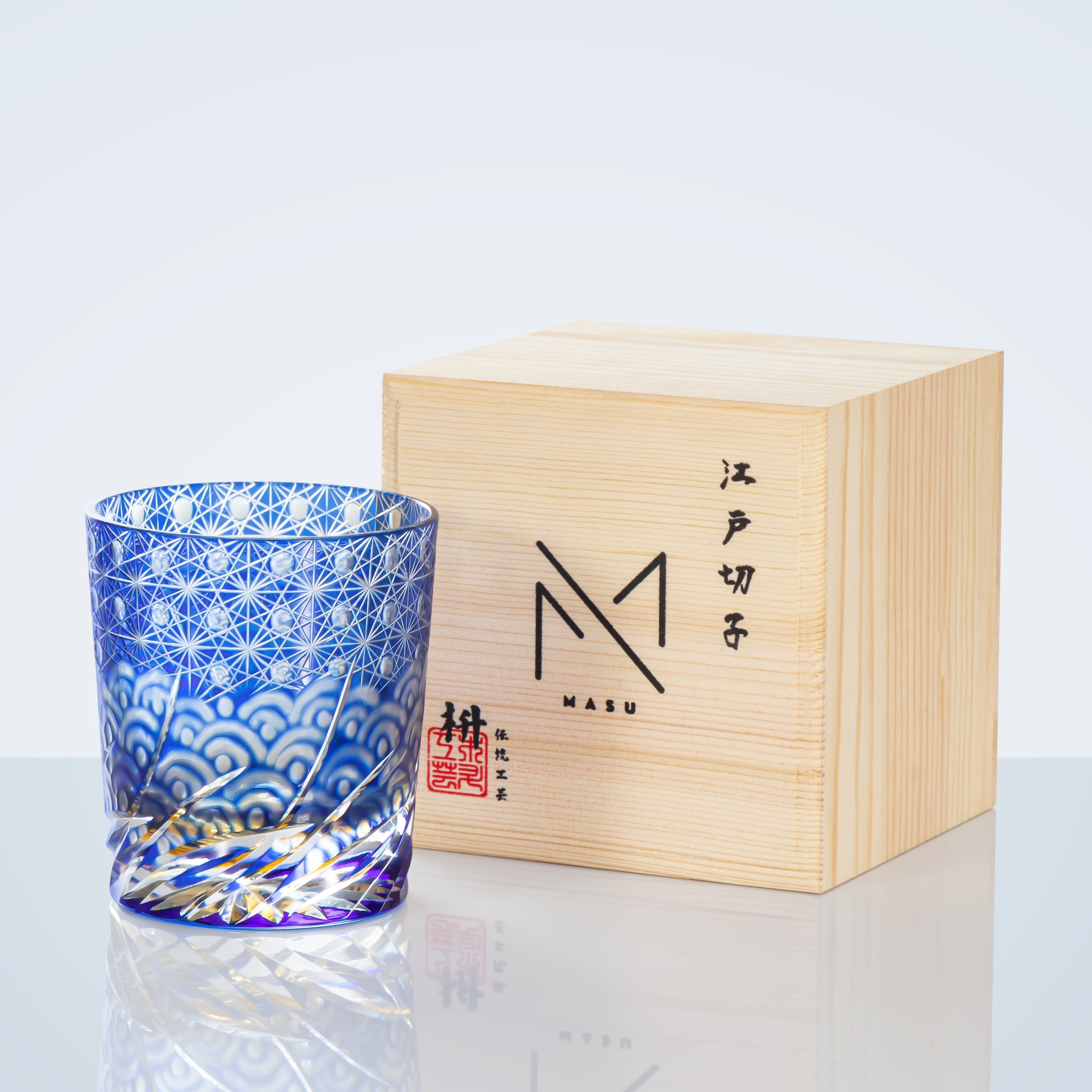 Copo de Whisky de Âmbar Azul Artesanal Edo Kiriko com Caixa de Madeira