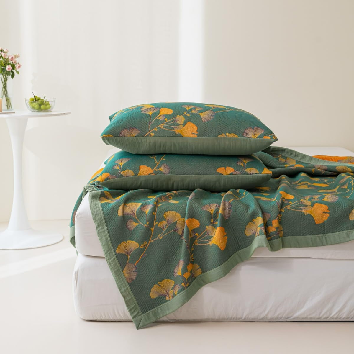 Cubrecamas Reversible de Hojas de Ginkgo Florales Jacquard