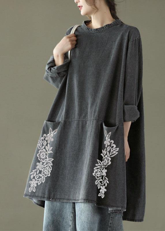 Boho Black Grey O-Neck Pockets Denim Long Dresses Long Sleeve