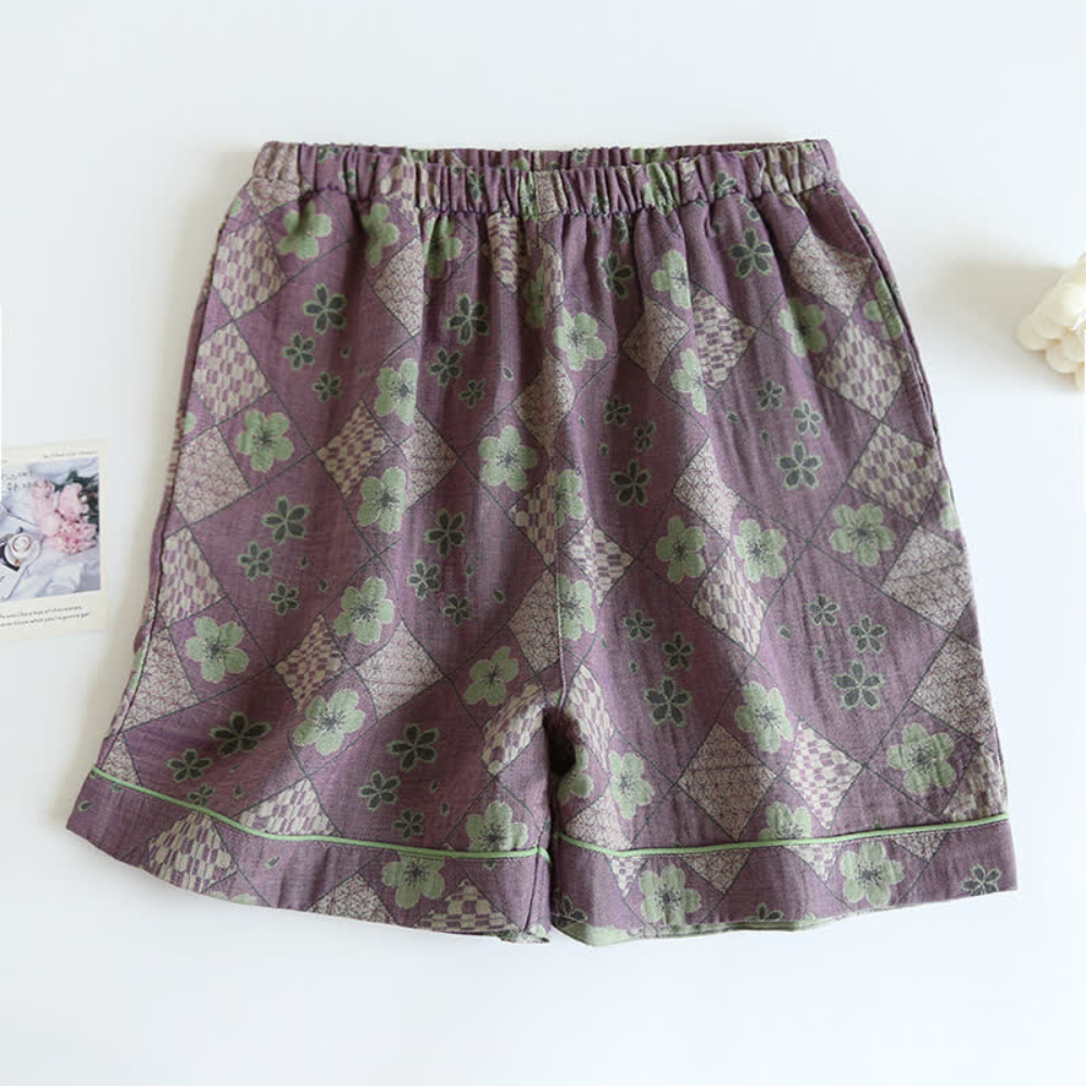 Shorts di Cotone a Scacchi Floreali