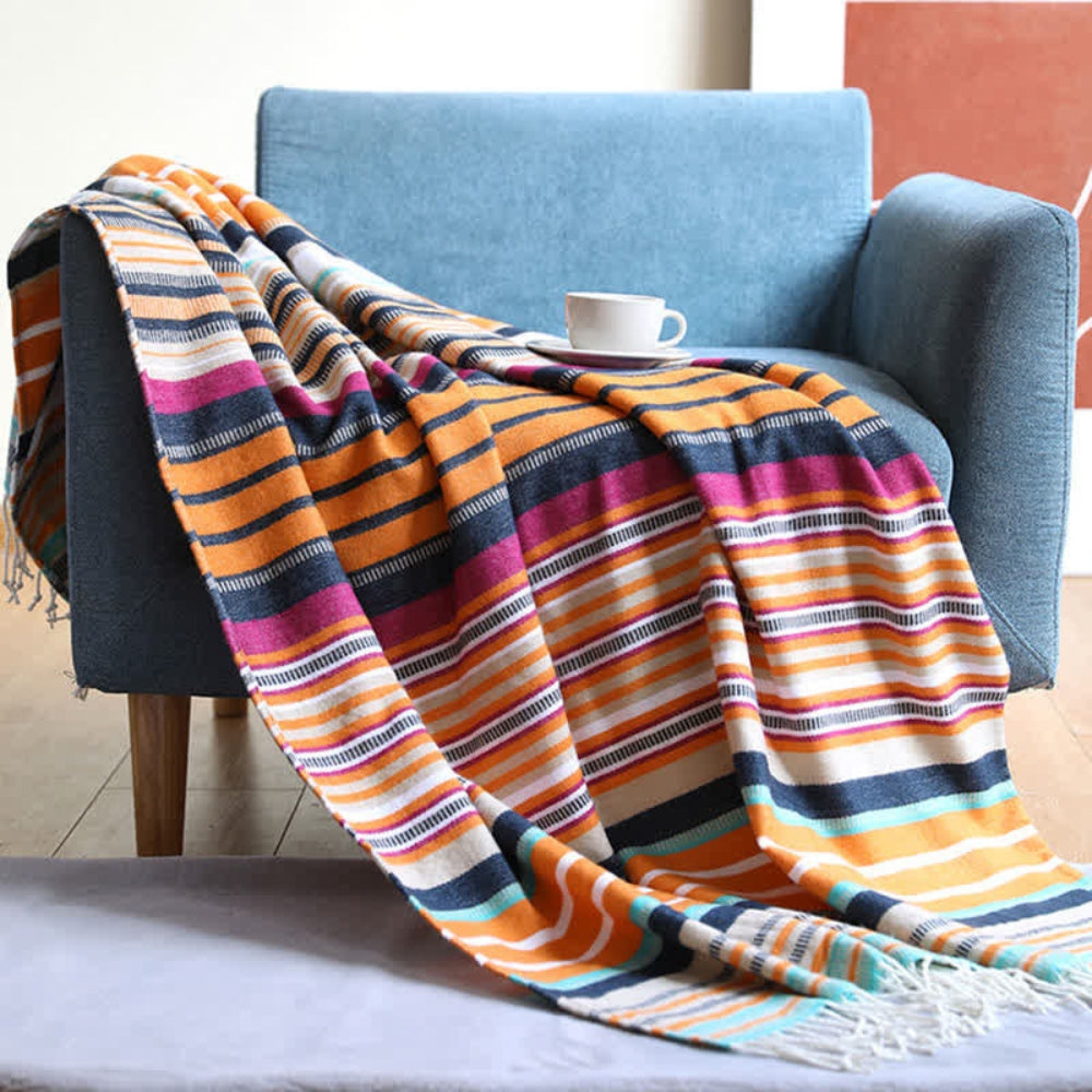 Rainbow Striped Tassel Blanket