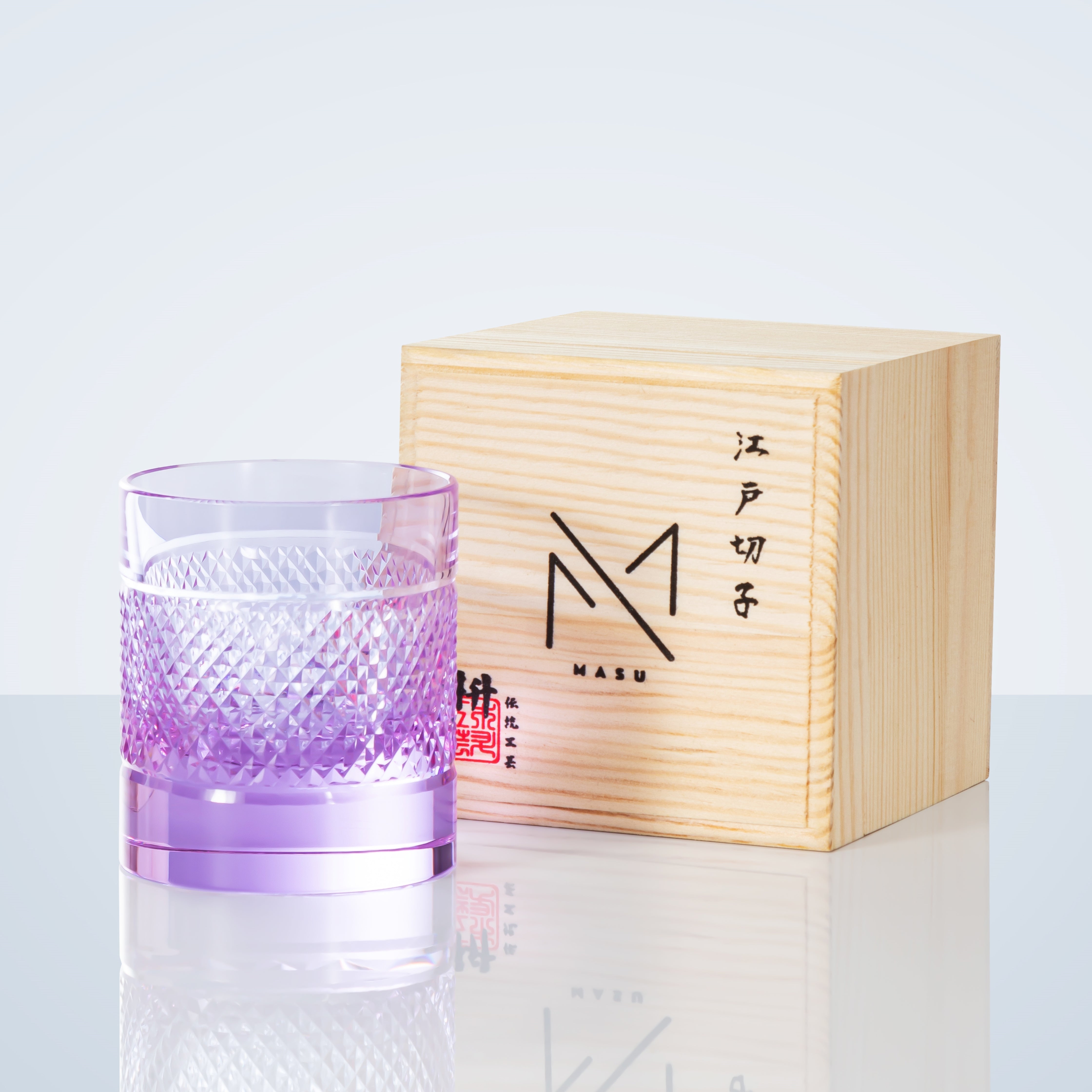 Edo Kiriko Diamond Multi-Color Whisky Glasses With Wooden Box