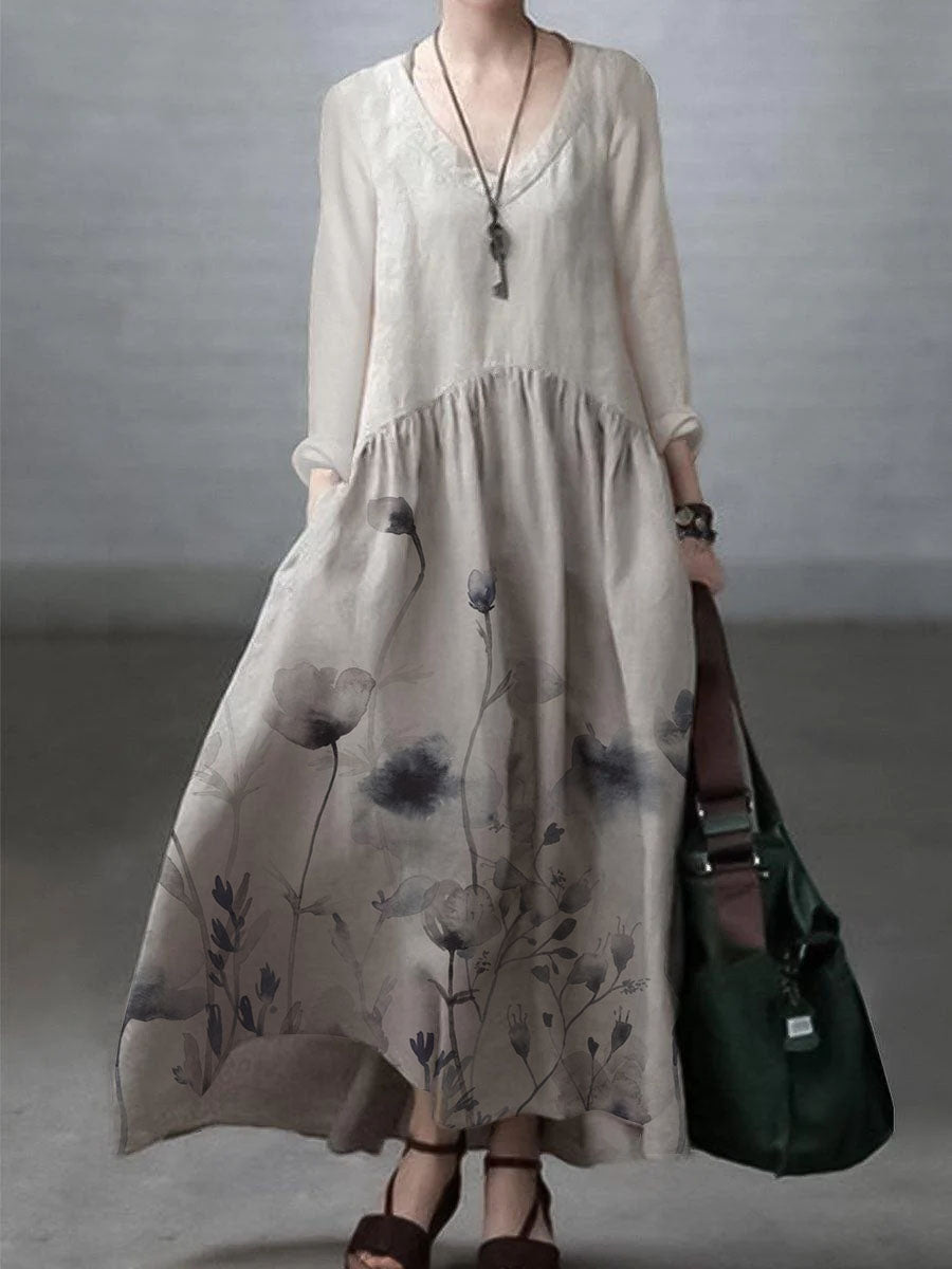 Simple and Loose V-neck Cotton and Linen Dress