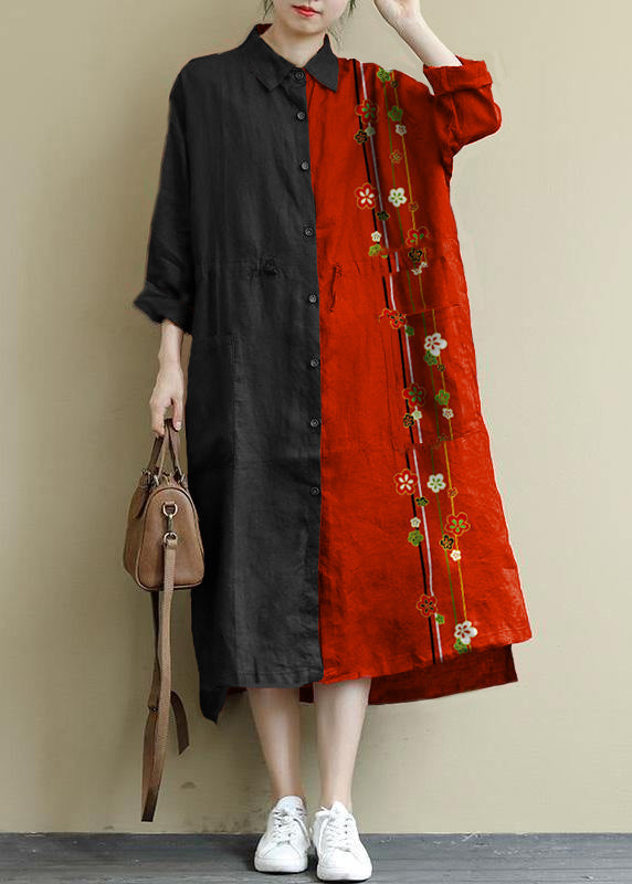 Red Linen Shirt Dress Casual Oversize Spring Maxi Dresses