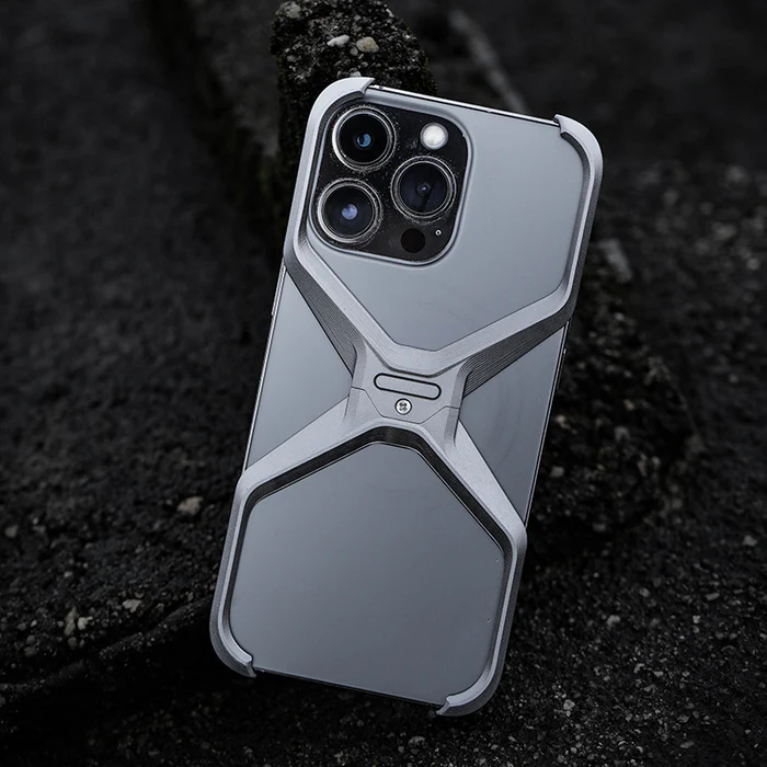 Coque de téléphone sans cadre en métal, design cool en forme de X