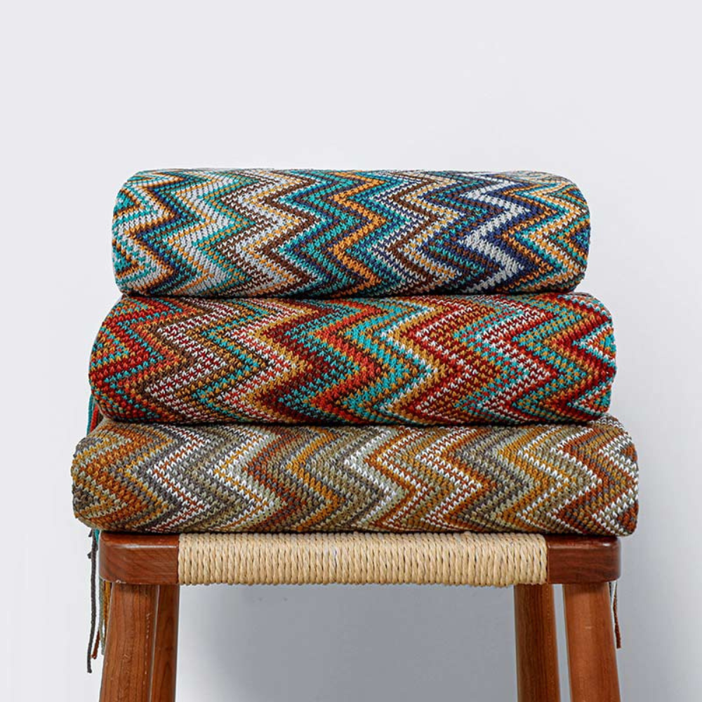 Multicolour Zigzag Tasseled Knit Throw