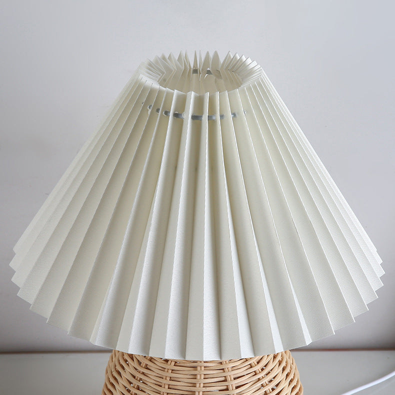 Contemporary Nordic Rattan Weave Table Lamp with Pleated Cone Shade, LED, for Bedroom