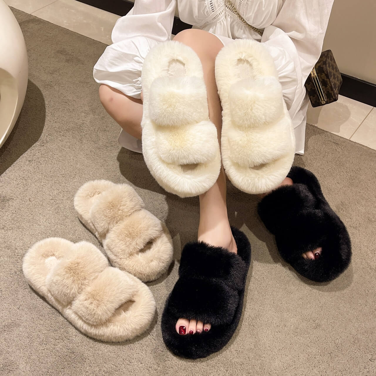 Ella Faux Fur Naisten Slides Sandaalit