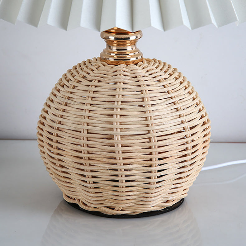 Contemporary Nordic Rattan Weave Table Lamp with Pleated Cone Shade, LED, for Bedroom