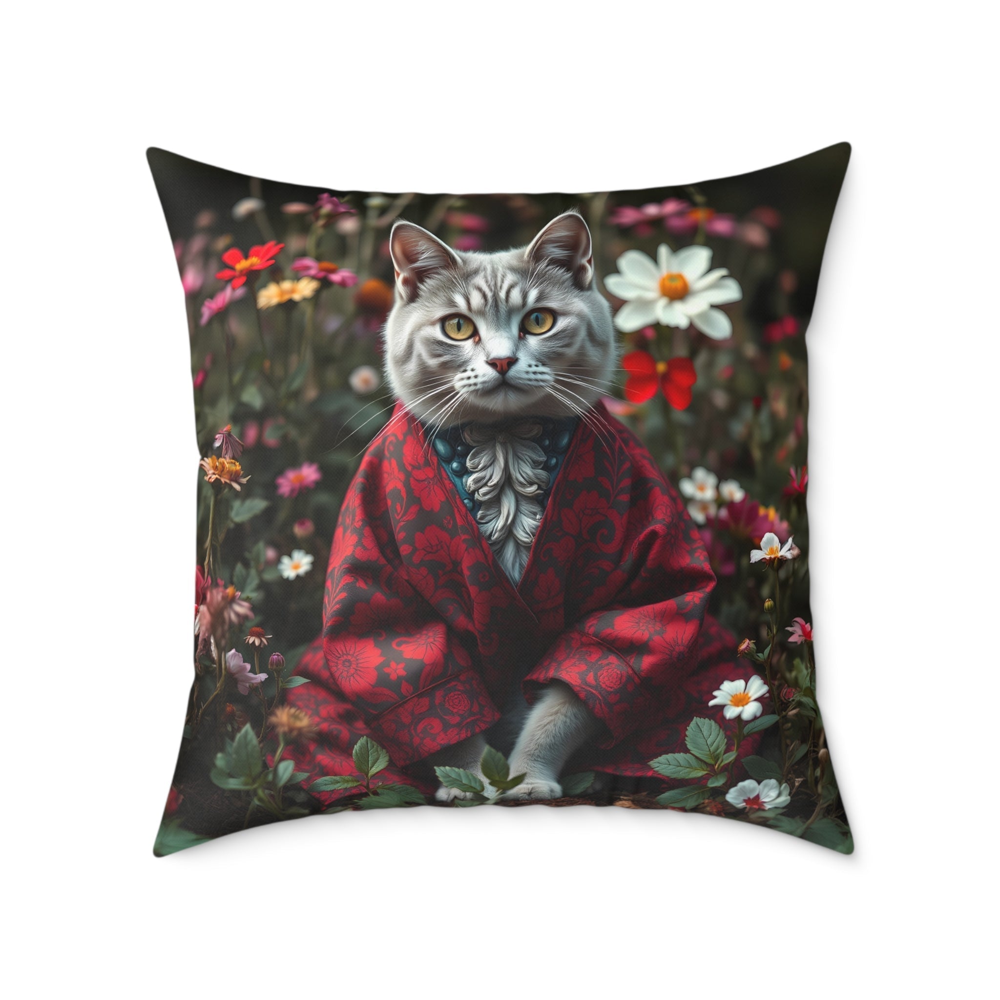 William Morris Style Cat in Kimono and Flowers Square Pillow, Botanicals and Flowers, insert included