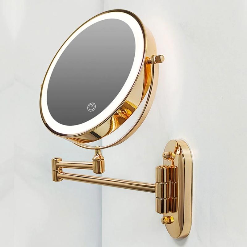 Miroir grossissant LED rechargeable doré pour maquillage et salle de bain