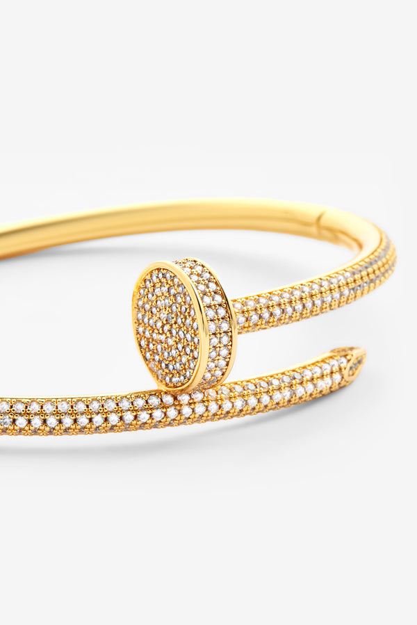 Gold 4mm Iced Nail Bangle Bracelet