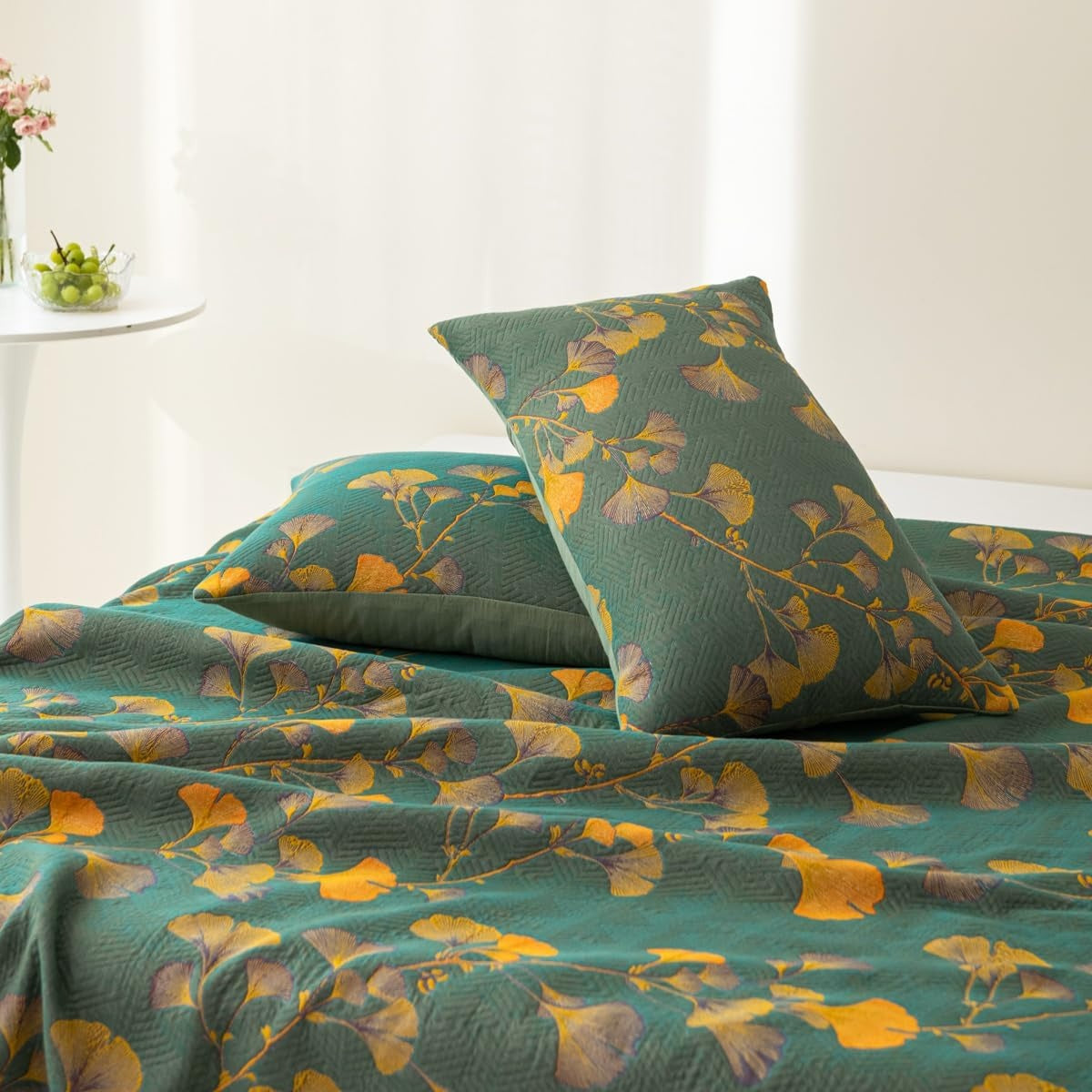 Colcha Reversível de Ginkgo Floral Jacquard