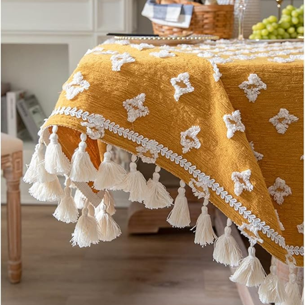 Versatile Yellow Embroidered Tassel Tablecloth