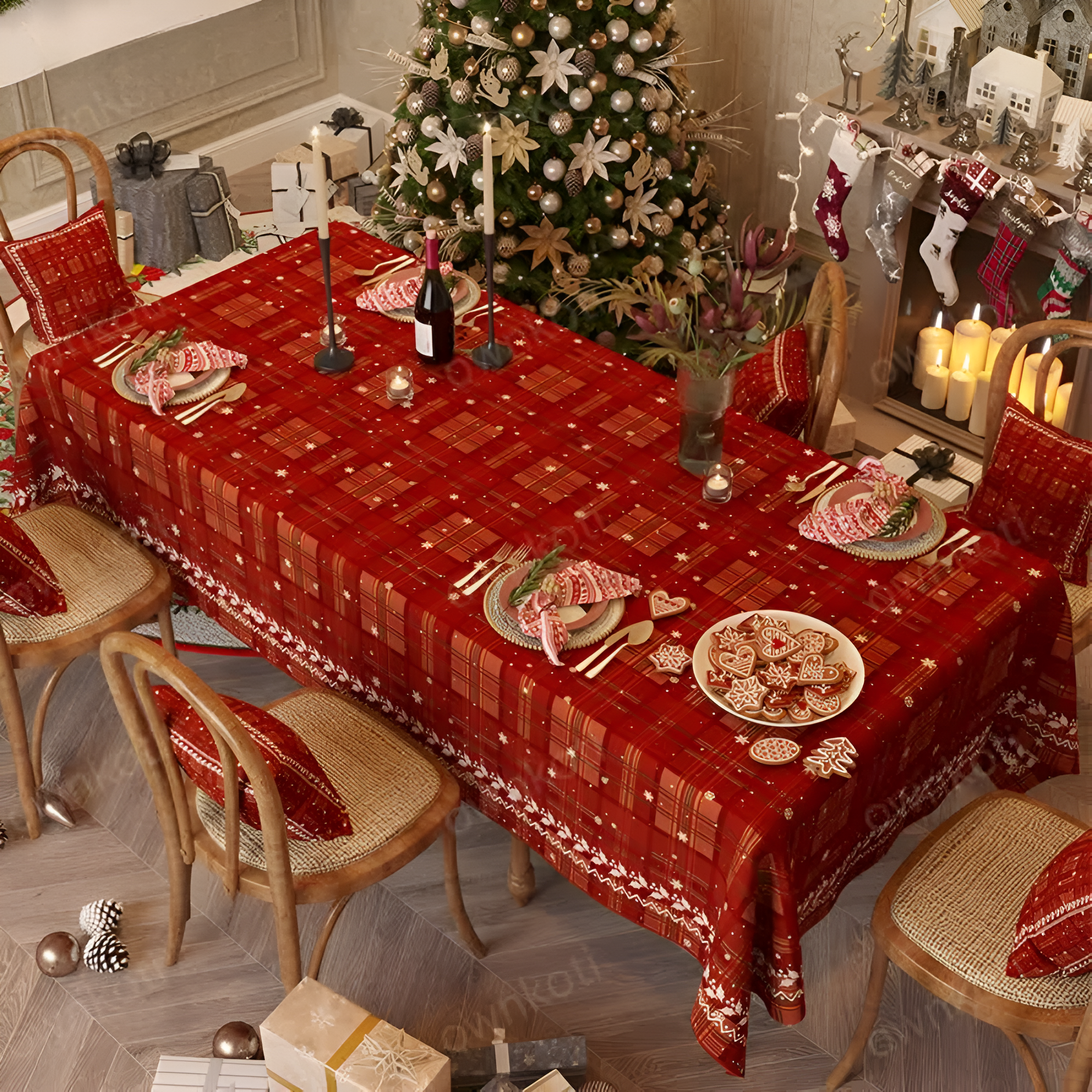 Toalha de Mesa Chenille Vermelha Festiva de Natal