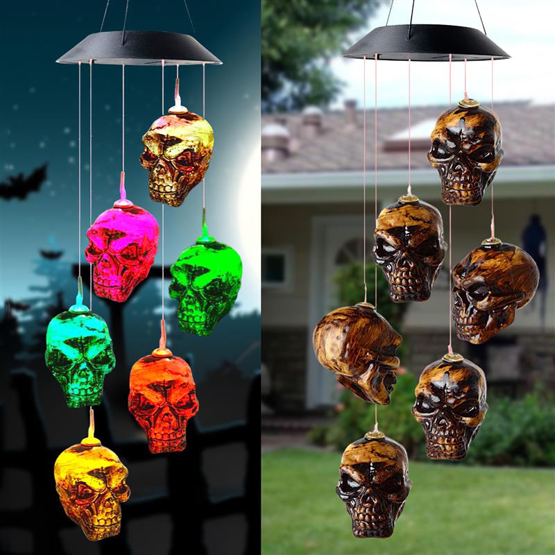 Campanas de viento de calavera para Halloween, luz LED alimentada por energía Solar para decoración de jardín, campanas de viento elegantes para exteriores, decoración, adornos de jardín