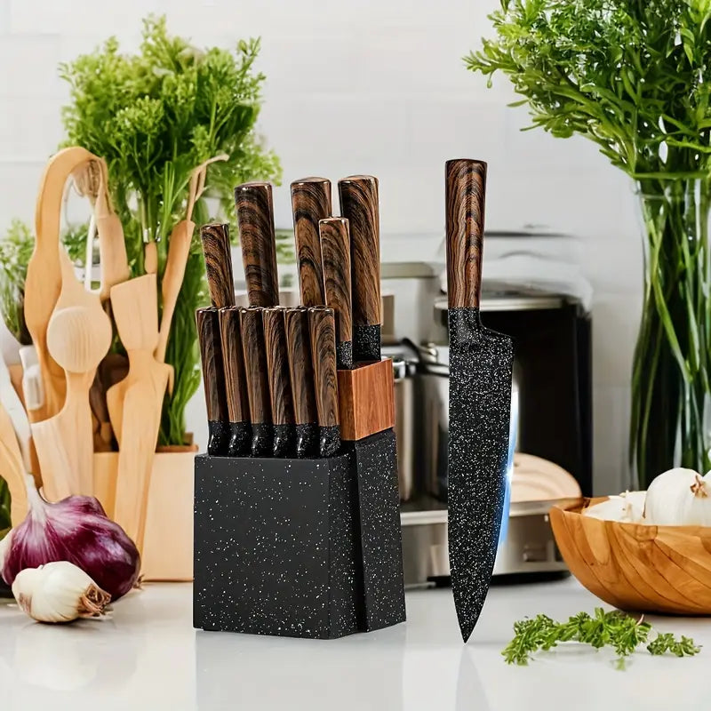 12-Piece German Steel Kitchen Knife Set with Japanese Wooden Handle & Block