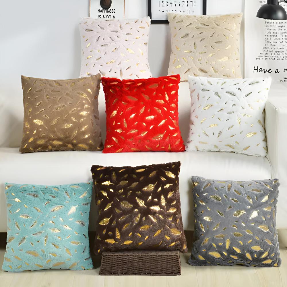 Housses de coussin en velours à feuilles dorées