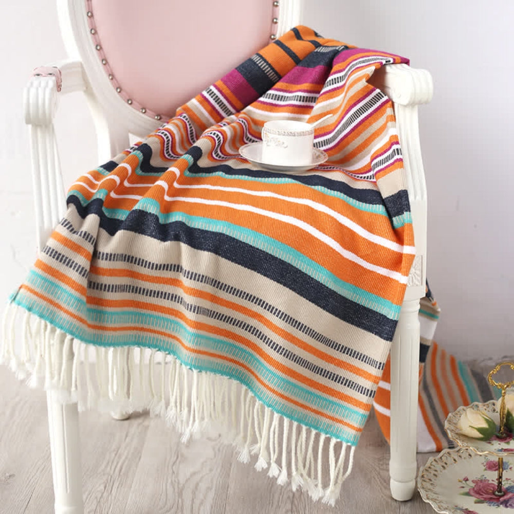 Rainbow Striped Tassel Blanket