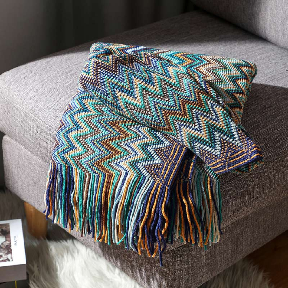 Multicolour Zigzag Tasseled Knit Throw