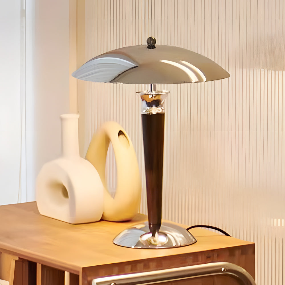 Paquebot - Lampe de table vintage en fer chromé avec abat-jour champignon et variateur en bois 3 positions