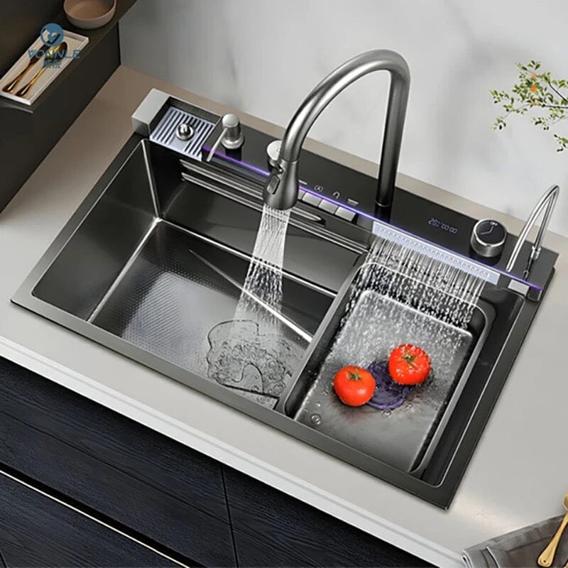 Vrimlo Stainless Steel Waterfall Kitchen Sink Digital Faucet