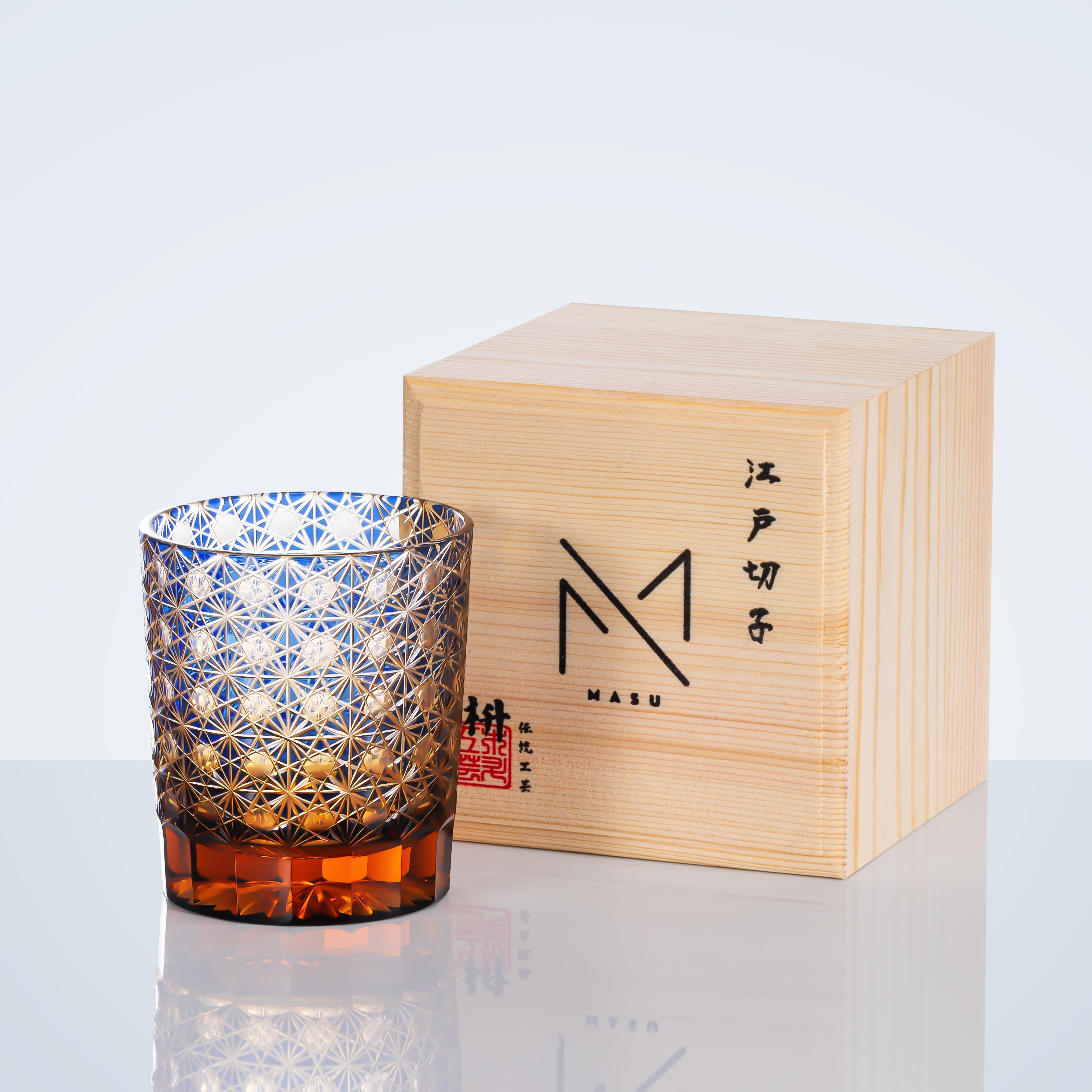 Edo Kiriko Handcrafted Amber Star Chrysanthemum Whisky Glasses With Wooden Box