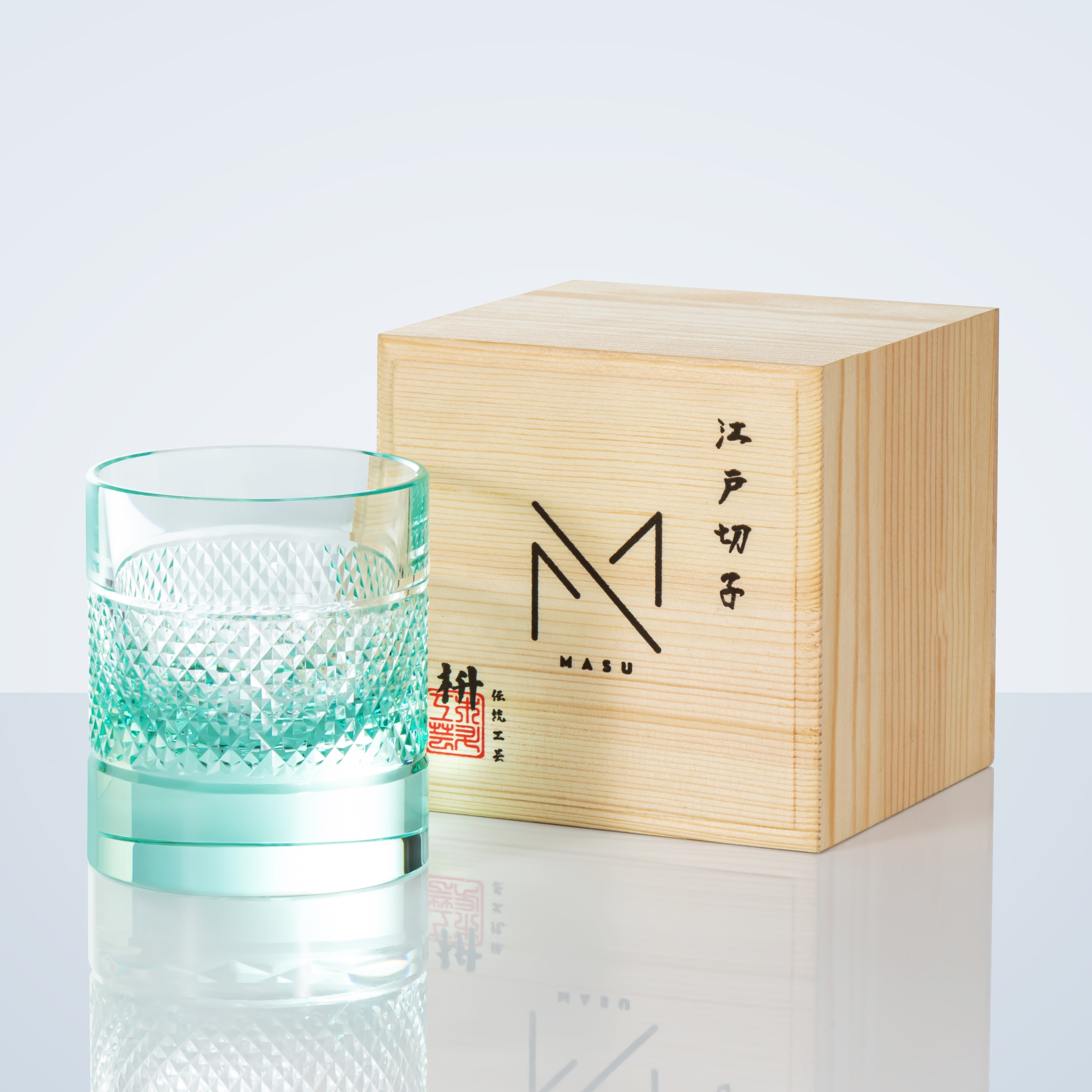 Vasos de whisky multicolores Edo Kiriko Diamond con caja de madera