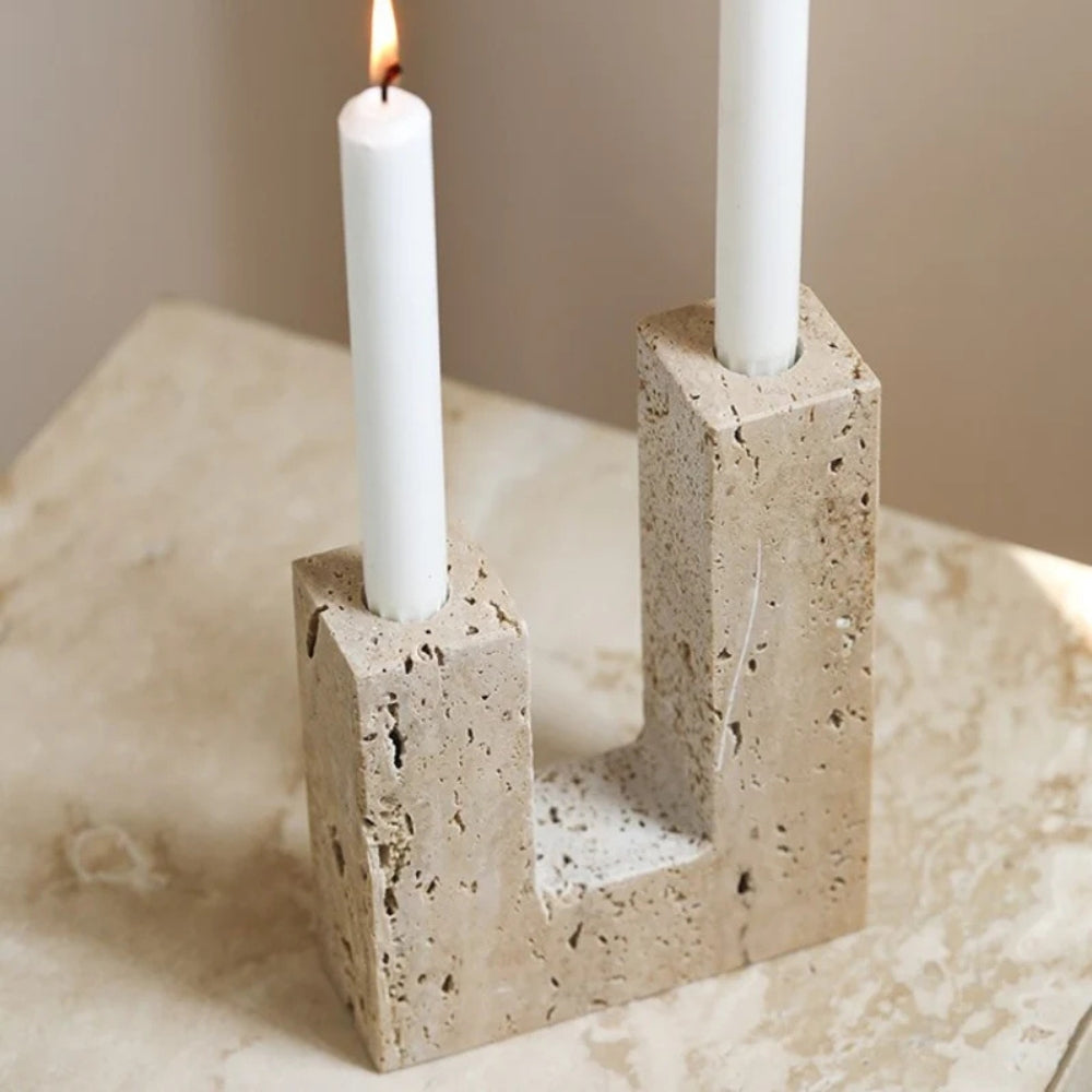 Dual Travertine Sculpted Candle Holder