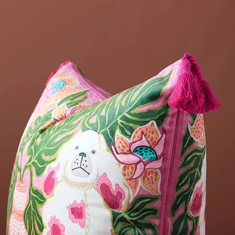 Housse de coussin à franges pour chien rose blush