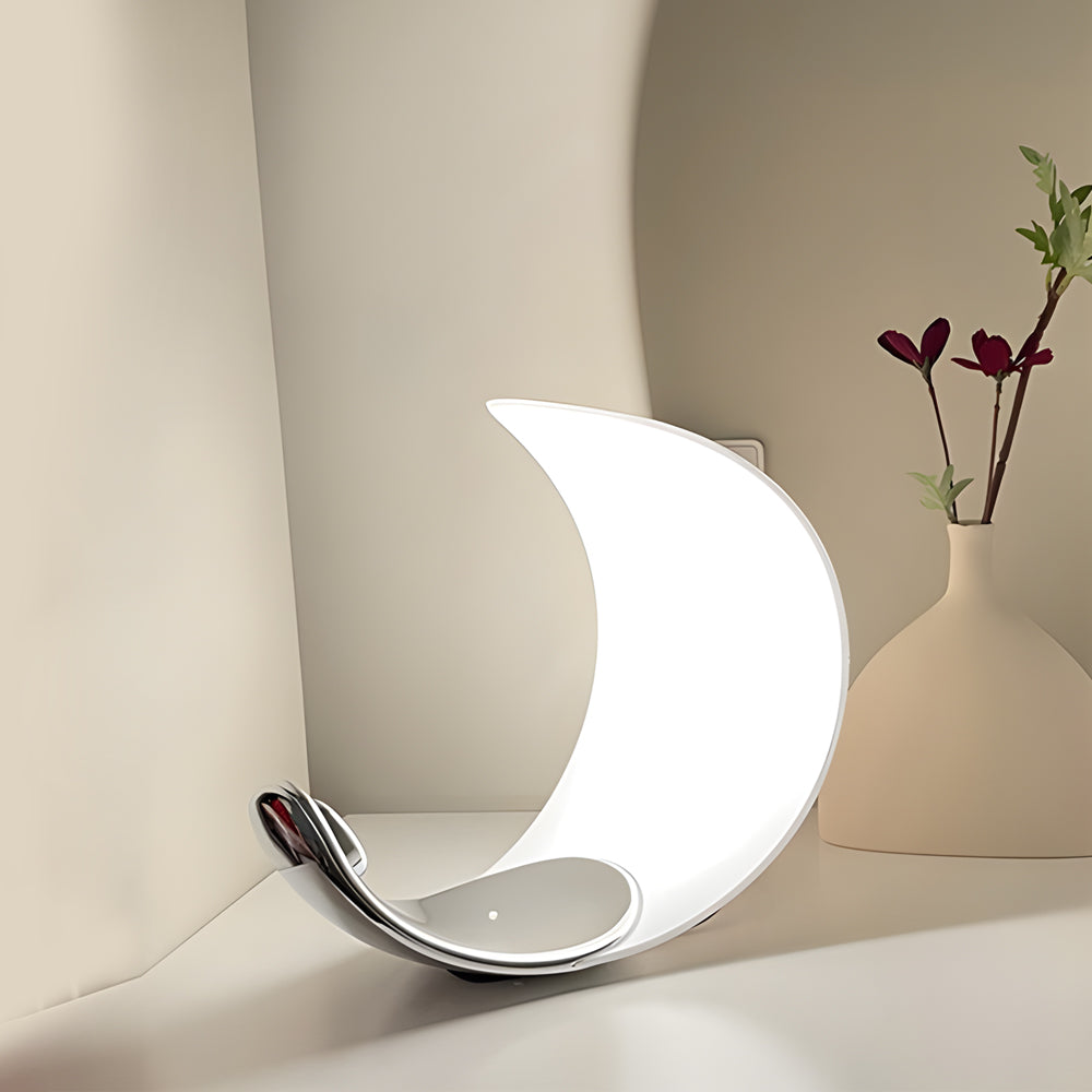 LumiMoon - Lámpara de mesa LED de aluminio con forma de luna curvada D76 y atenuador táctil