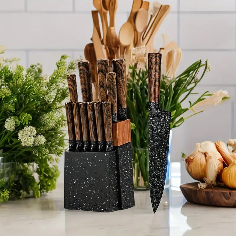 12-Piece German Steel Kitchen Knife Set with Japanese Wooden Handle & Block